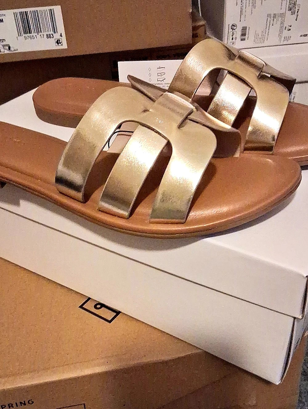 The Drop Monika Flat Slide Sandal Metallic Gold & Brown US 7.5